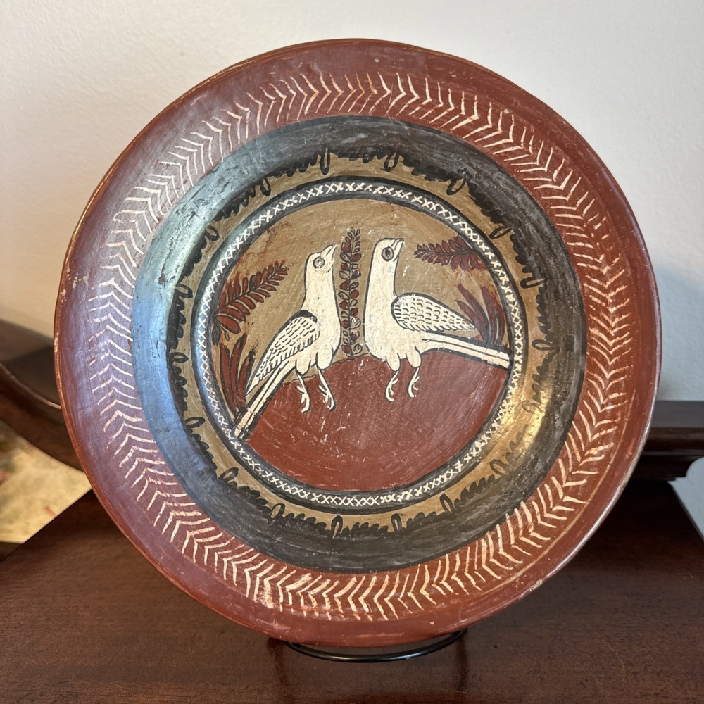 10" Jalisco Pottery Plate Hand Painted Bird Doves Folk Art Tonala Burnished Clay